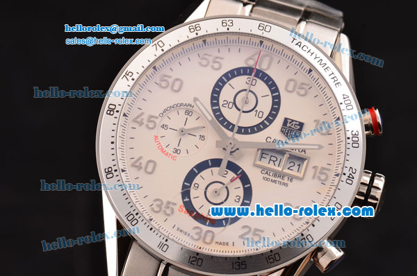 Tag Heuer Carrera Chronograph Swiss Valjoux 7750-SHG Automatic Steel Case with Numeral Markers and White Dial - Click Image to Close